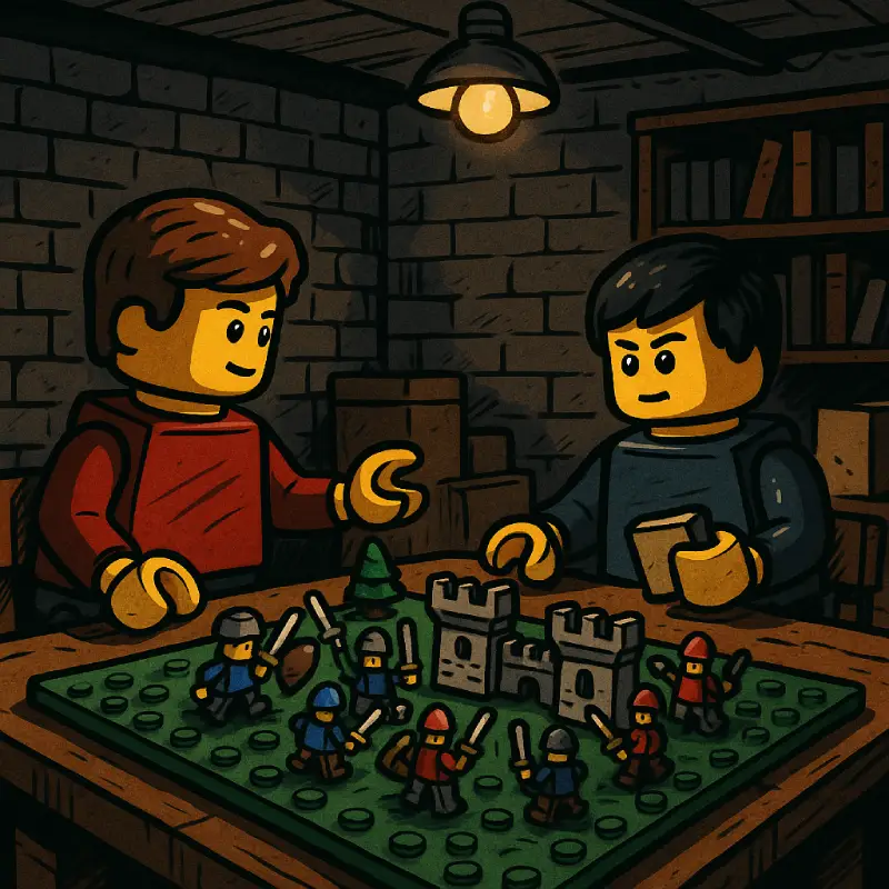 Comicartige LEGO-Minis beim Tabletop-Spiel im Keller – Tabletop Inspiration für Brickania