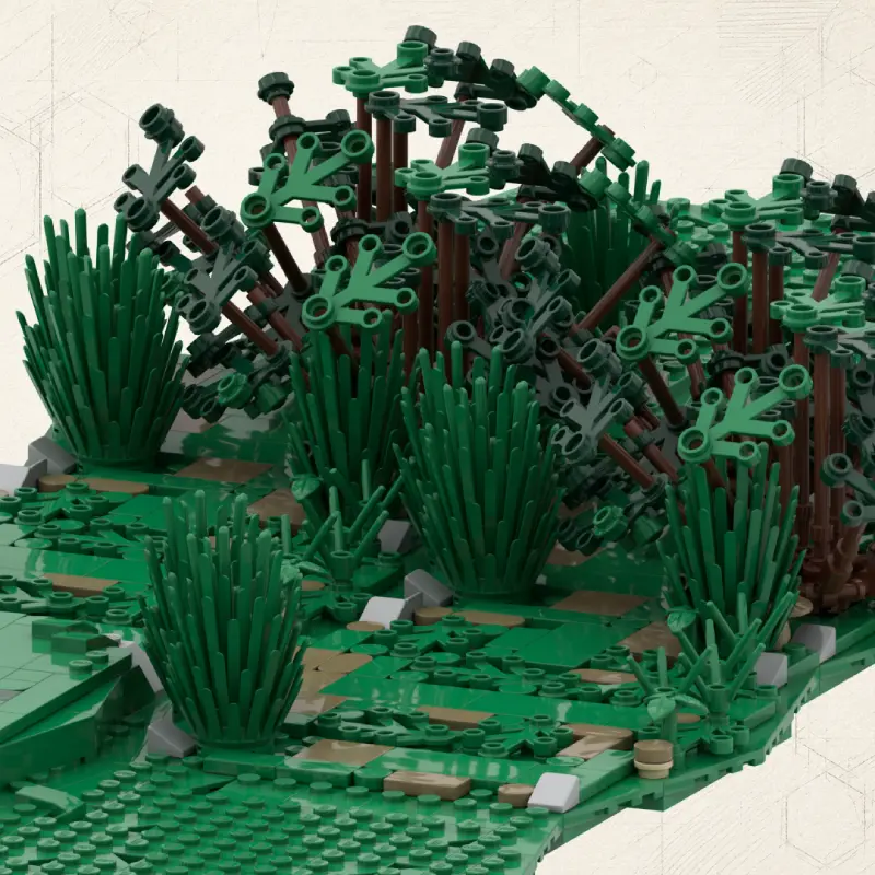 Klemmbaustein-Gelände mit Büschen und Sträuchern für ein Brickania-Schlachtfeld