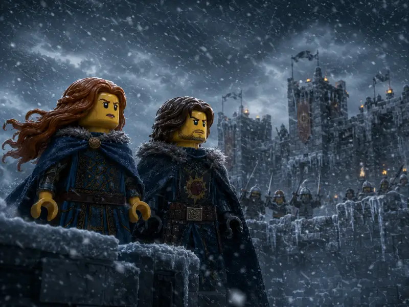 ballade-von-brickania-ein-lied-vom-krieg-um-die-krone-1 Schneesturm vor einer Fantasy-Festung im LEGO Herr der Ringe Stil