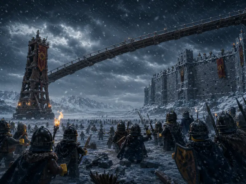 Das physikalische Wunder von Rohan LEGO Comic Szene einer winterlichen Fantasy-Belagerung als Kritik zu Die Schlacht der Rohirrim