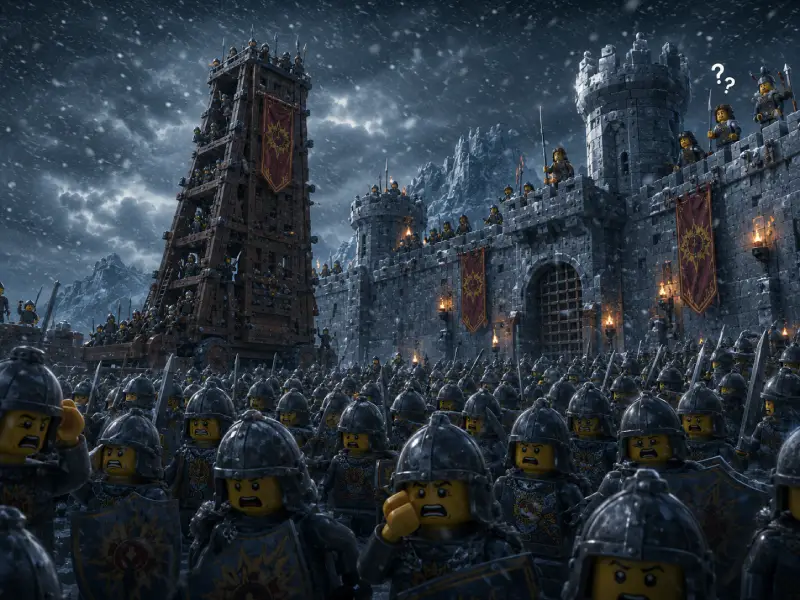 Schlachten ohne Taktik, Armeen ohne Herkunft LEGO Mittelalter Armee vor einer Festung als satirische Filmszene